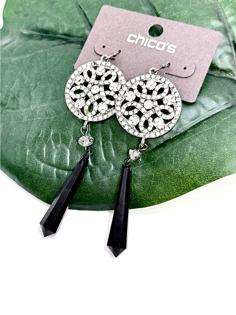 Chico’s Crystal Filigree Black Drop Earrings 3.5” NWT